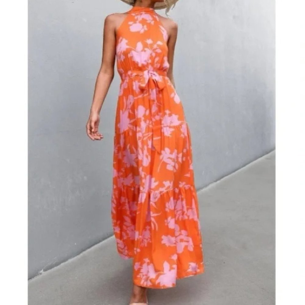 boho floral print belted halter maxi dress - Picture 4 of 13